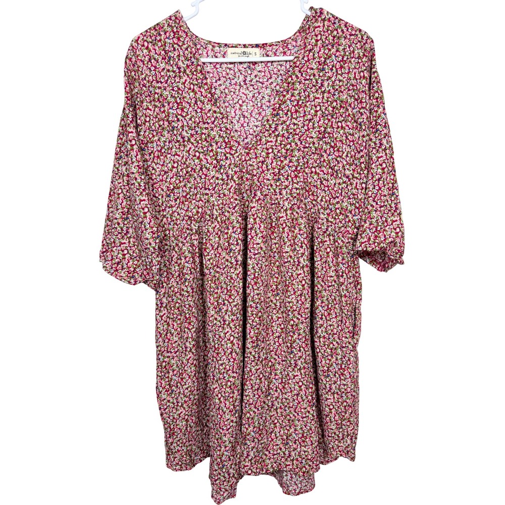 Natural Life Women Stella V-Neck Mini Dress S Pink Floral Boho Rayon Short Slv